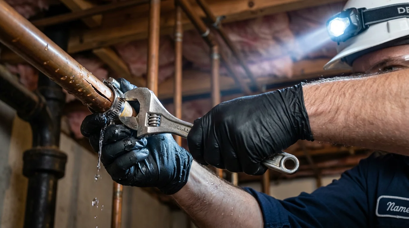 Emergency pipe clamp repair being performed by a Johns Plumbing LLC plumber in Sayre