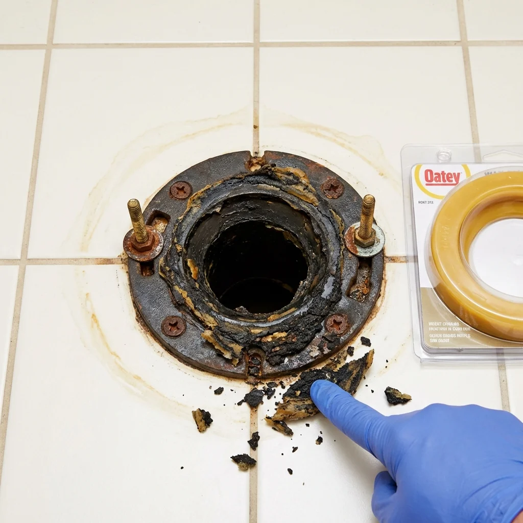 Failed wax ring showing water seepage at the base of a toilet in a Sayre, OK home