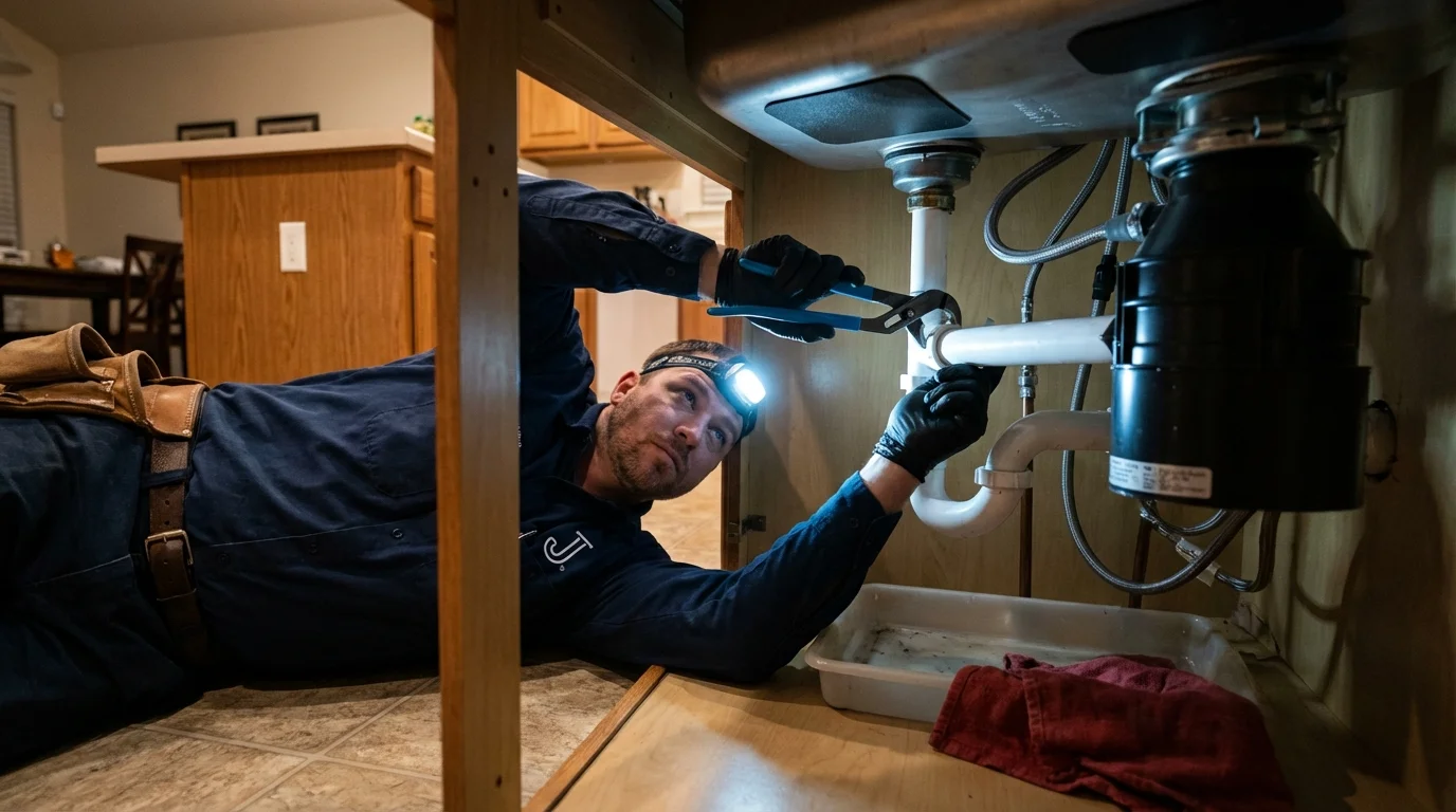 P-trap and supply line connections under a kitchen sink showing a common leak point in Sayre, OK